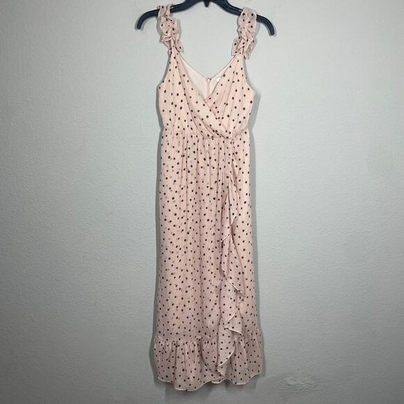 Madewell 00 Ruffle Strap Maxi Dress Pink Polka Dot Hourglass V Neck Sleeveless - Picture 2 of 9